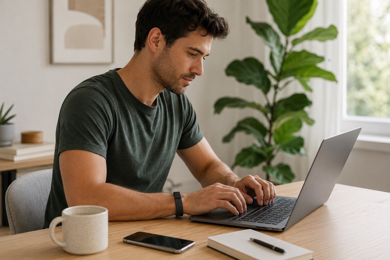 Hombre trabajando con portátil y la pulsera Google Fitbit Air negra