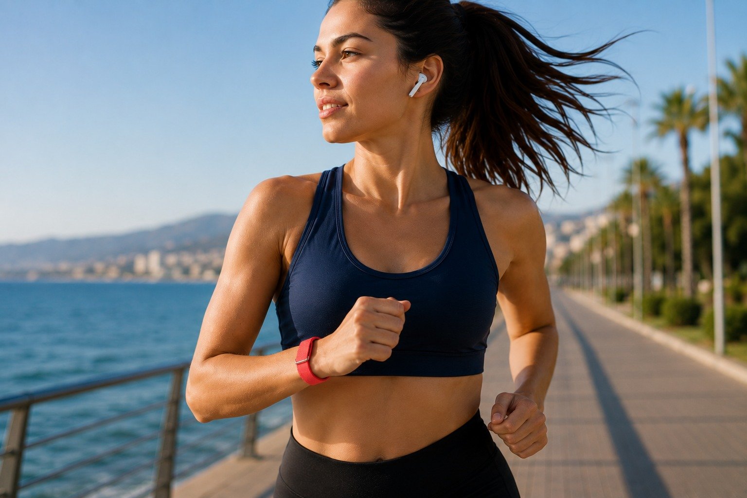 Mujer corriendo con la pulsera Google Fitbit Air roja