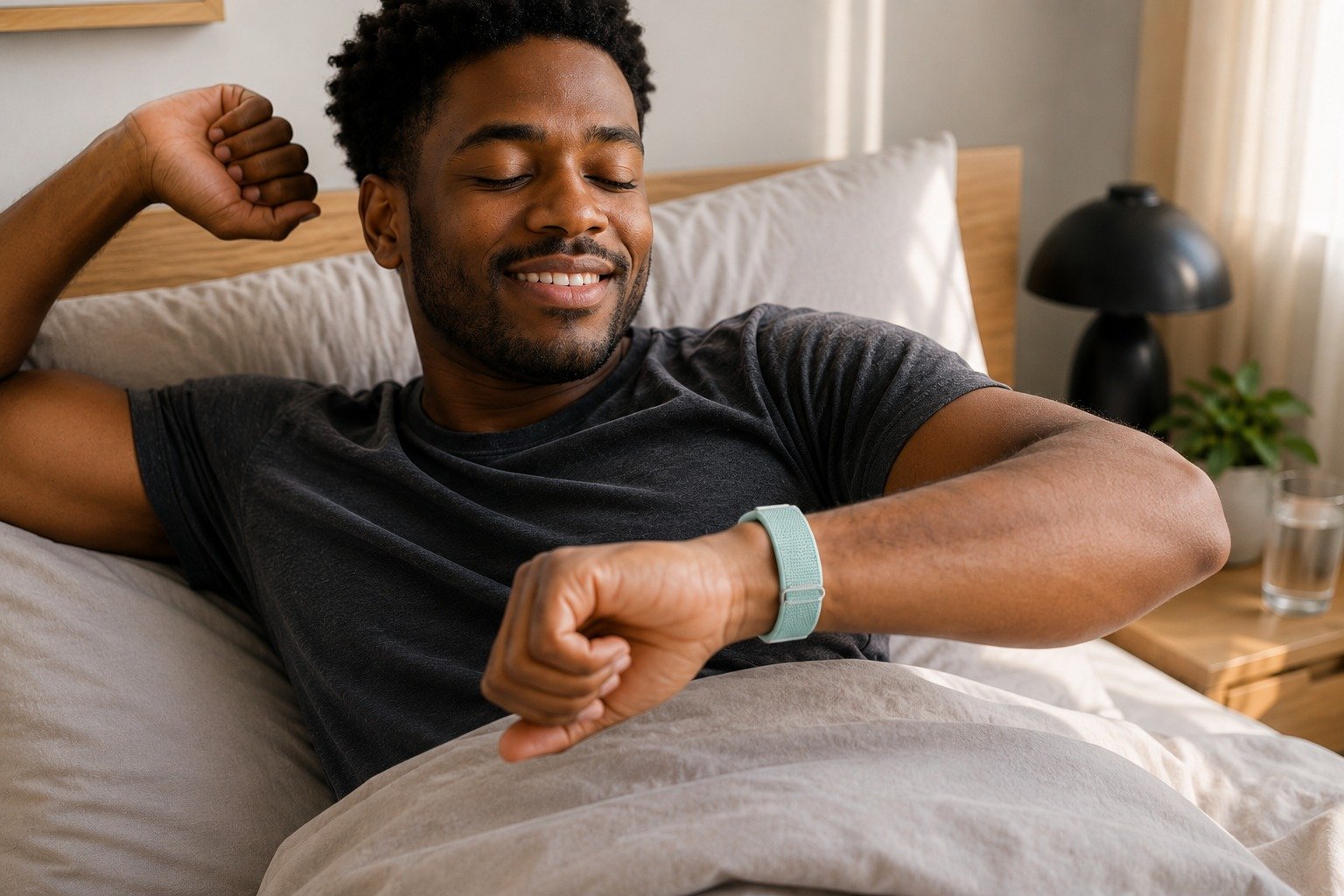 Persona al despertar con la pulsera Google Fitbit Air verde