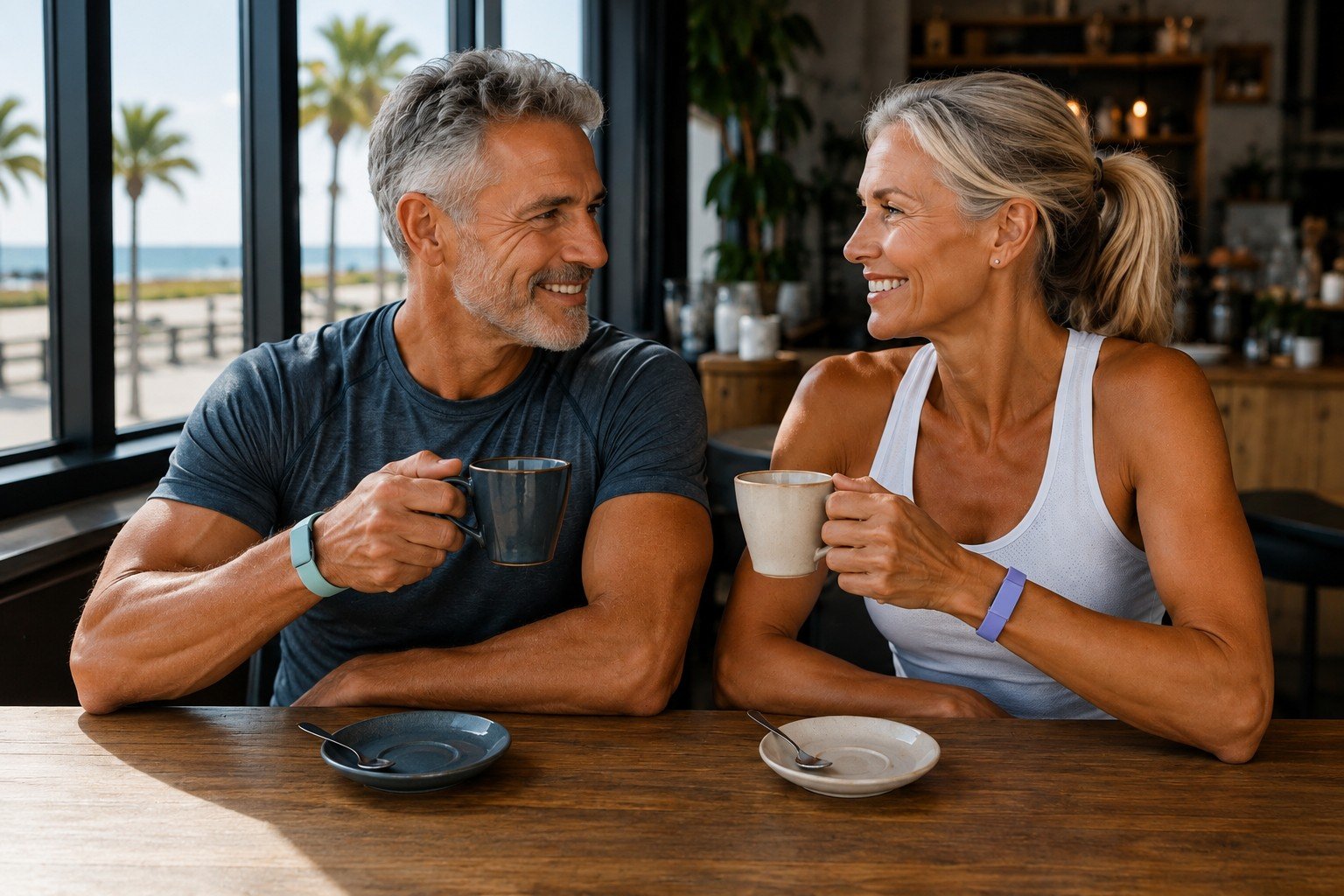 Personas mayores tomando café, con la pulsera Google Fitbit Air puesta