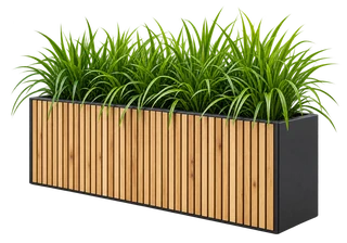 Jardinera de madera con gramíneas, imagen de la categoría Jardinería