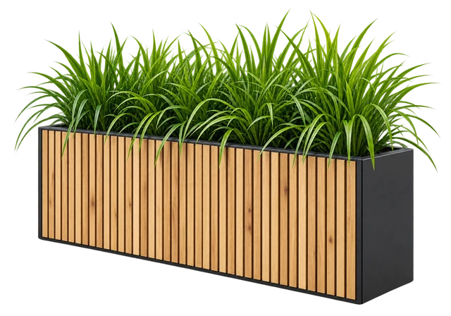 Jardinera de madera con gramíneas, imagen de la categoría Jardinería