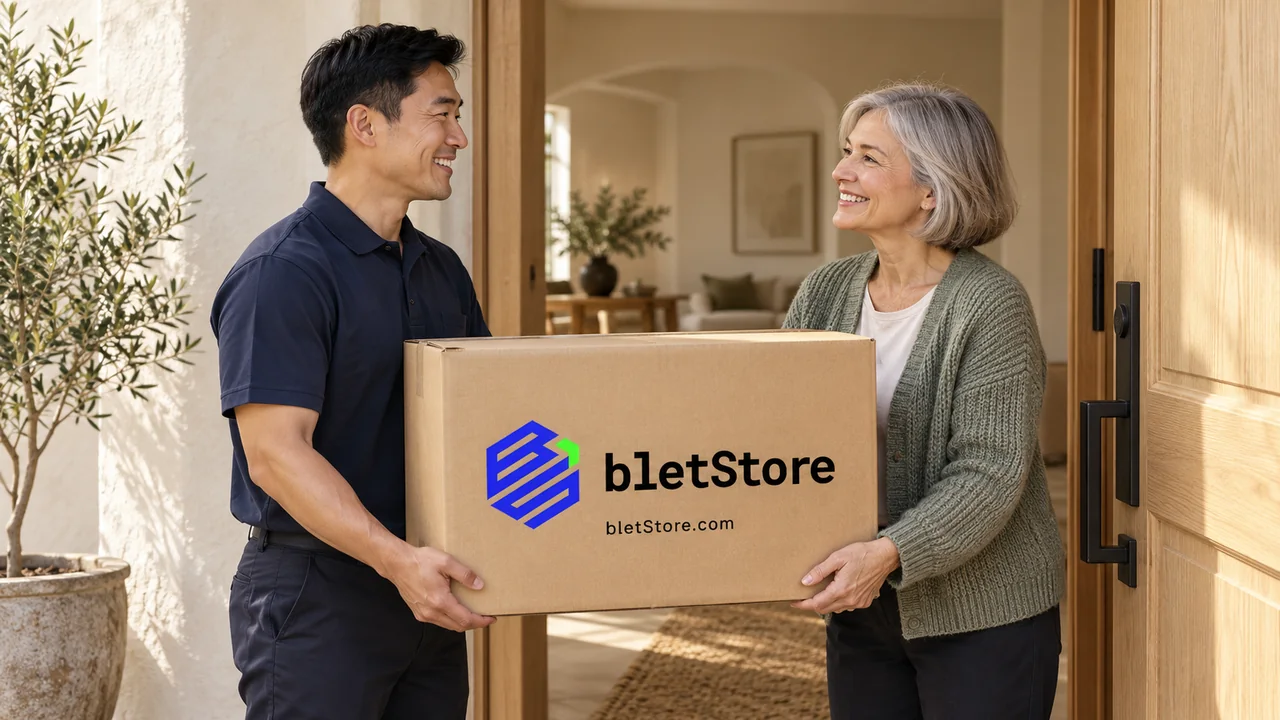 Escena ilustrativa creada con IA: un repartidor asiático entrega una caja con el logo de bletStore.com a una mujer de cabello plateado