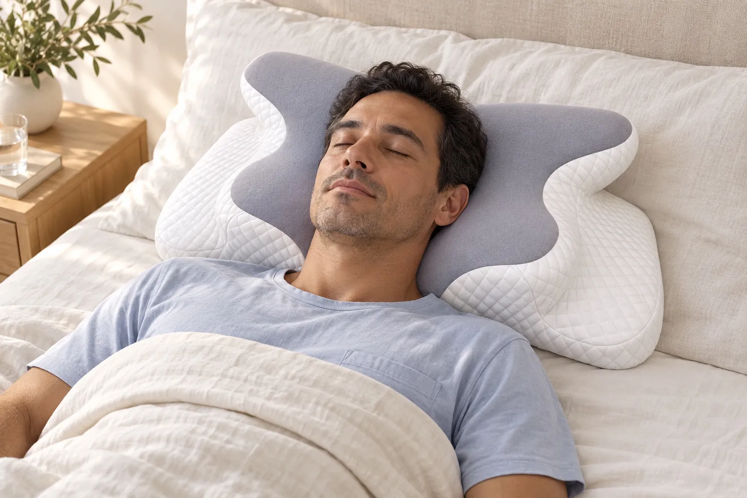 Escena editorial de un hombre descansando boca arriba sobre una almohada contorneada gris
