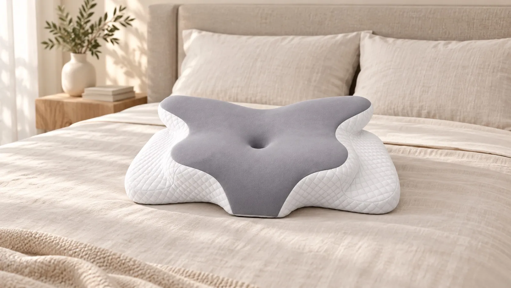 Almohada completa sobre una cama de tonos naturales