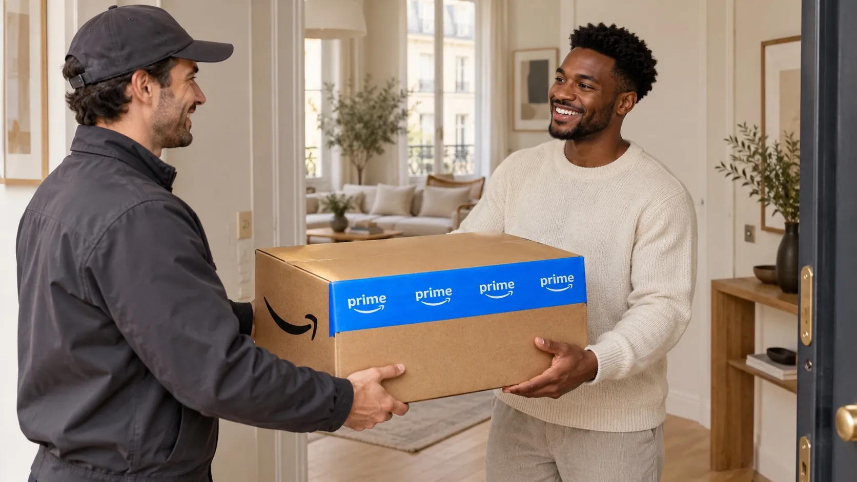 Escena ilustrativa de un repartidor entregando una caja Amazon Prime a un joven negro en la entrada de su hogar