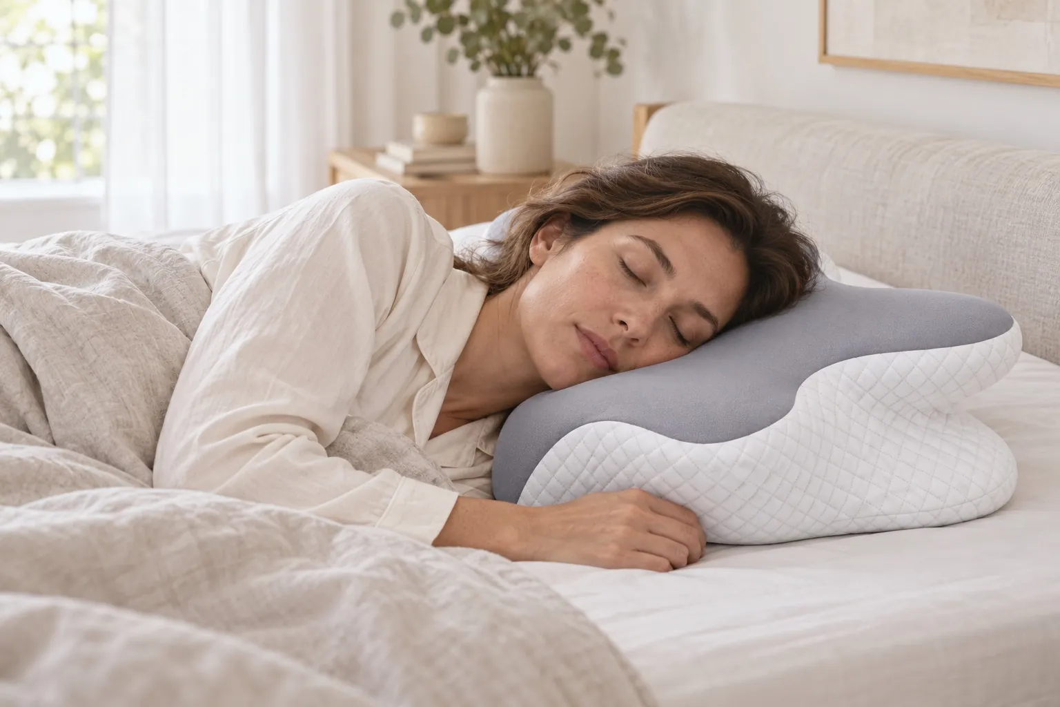 Persona descansando de lado sobre una almohada contorneada gris