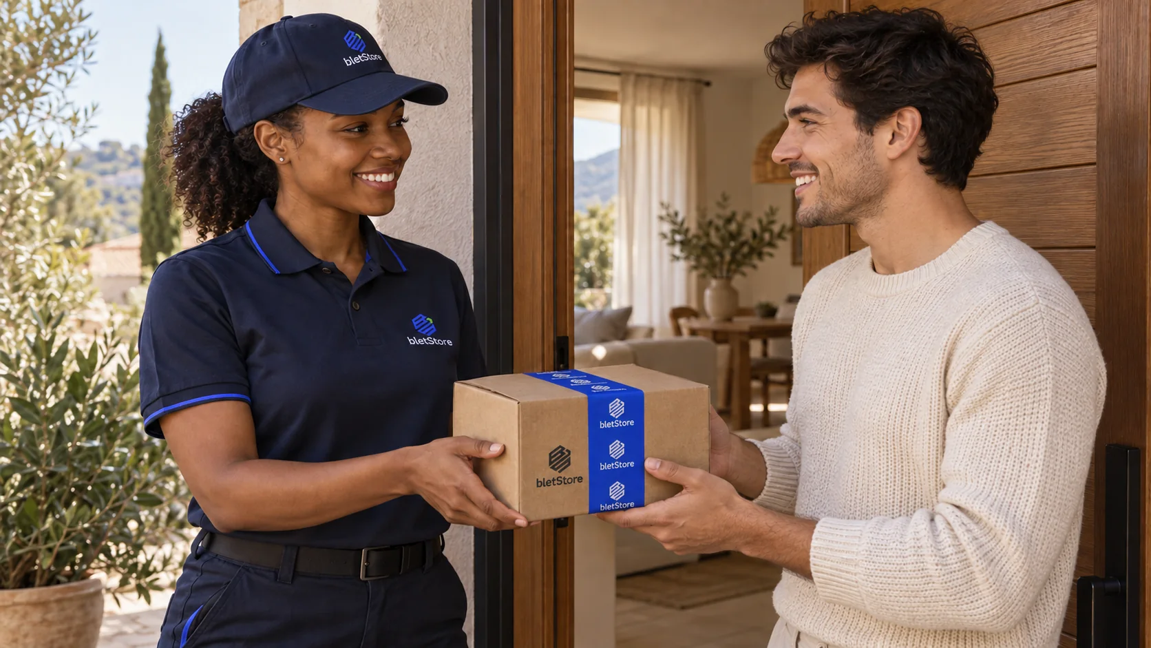 Escena de marca: una repartidora negra entrega una caja con cinta azul bletStore a un joven adulto latino blanco