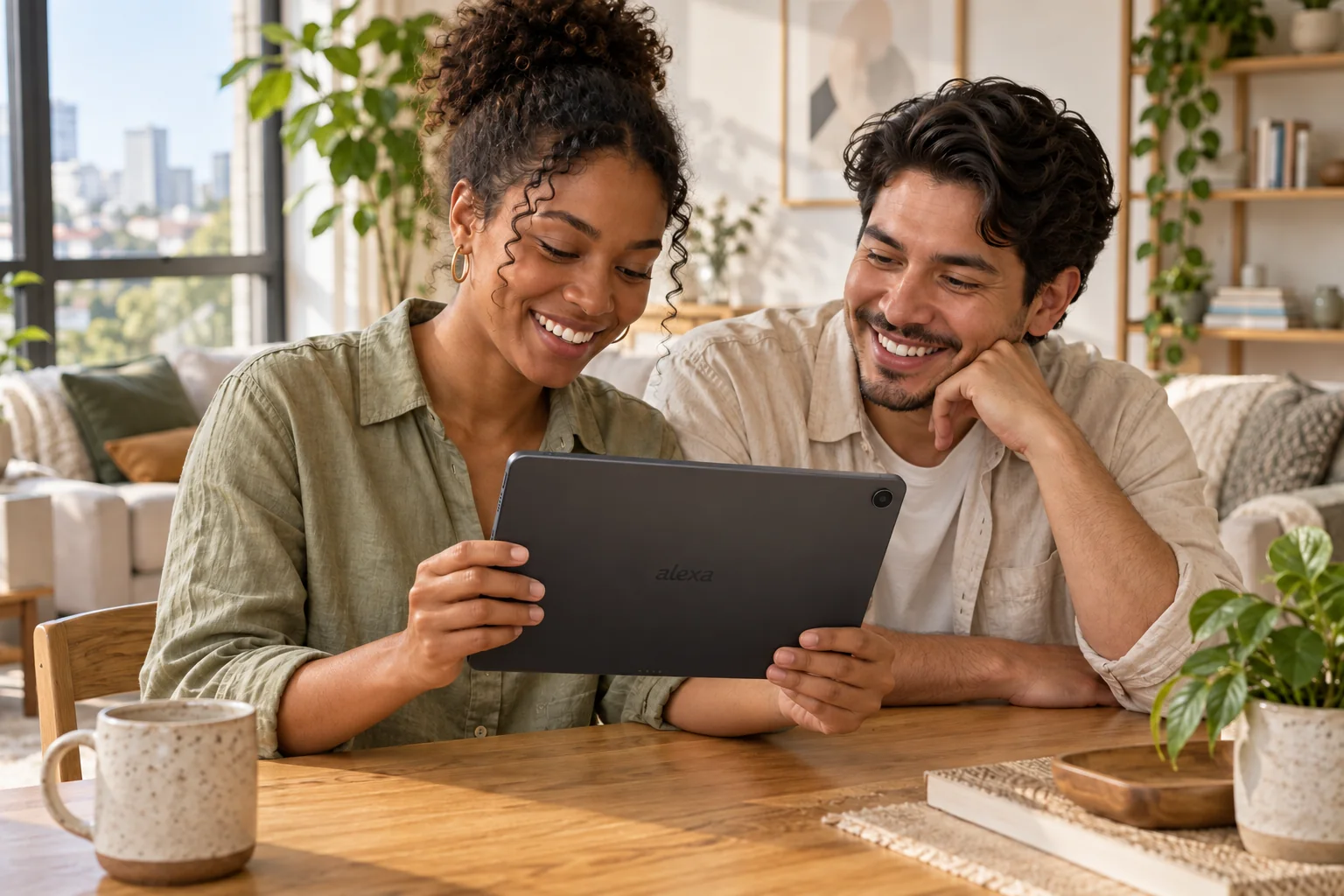 Dos jóvenes adultos sonríen mientras usan una tablet, con su parte trasera orientada hacia la cámara