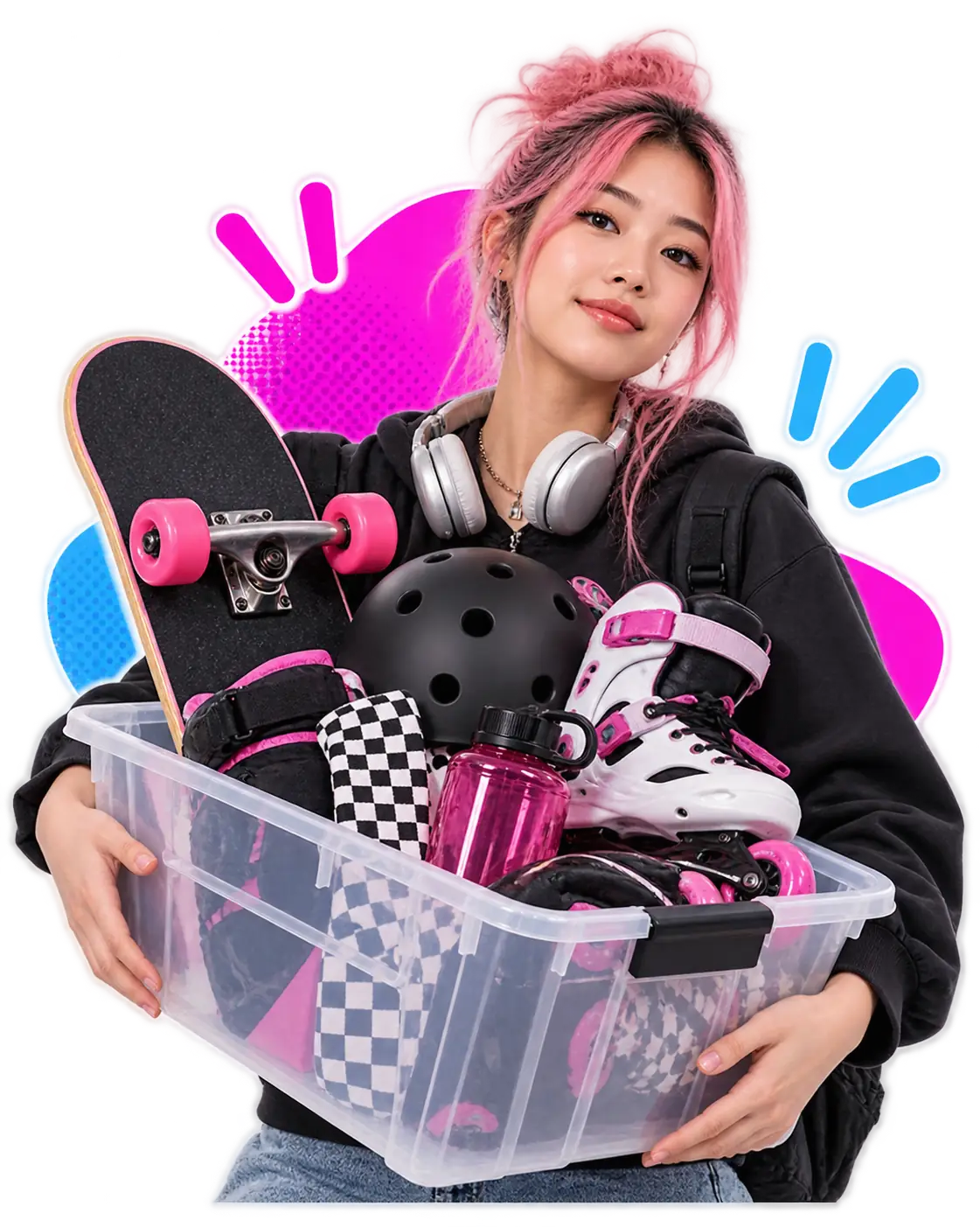 Mujer con un skate y accesorios