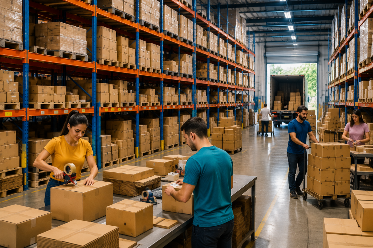 Equipo preparando y empaquetando pedidos en un almacén logístico, con estanterías llenas y un camión cargando al fondo.