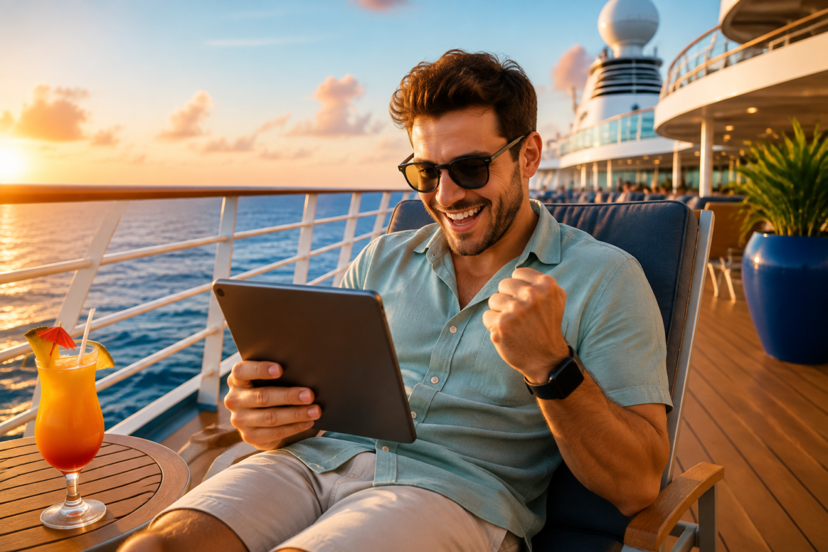Hombre relajado en la cubierta de un barco al atardecer, sonriendo mientras revisa información en una tableta.