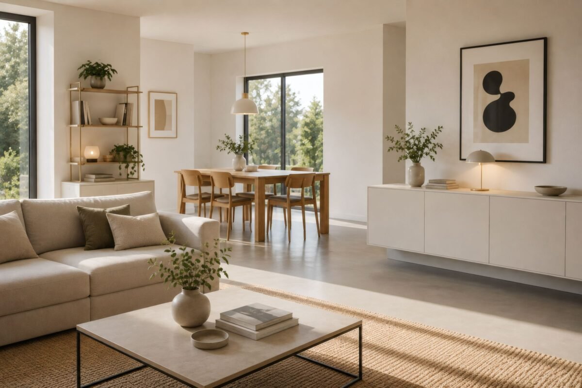 Sala minimalista y ordenada con superficies despejadas y pocos objetos decorativos