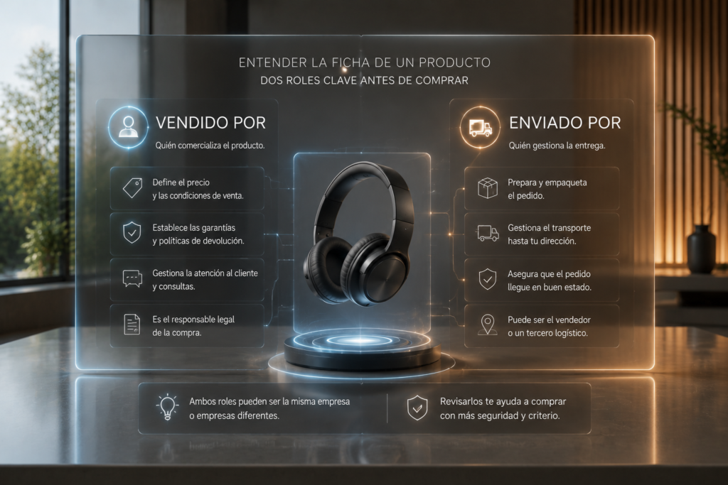Diferencia entre vendido por y enviado por en una ficha de producto de Amazon.