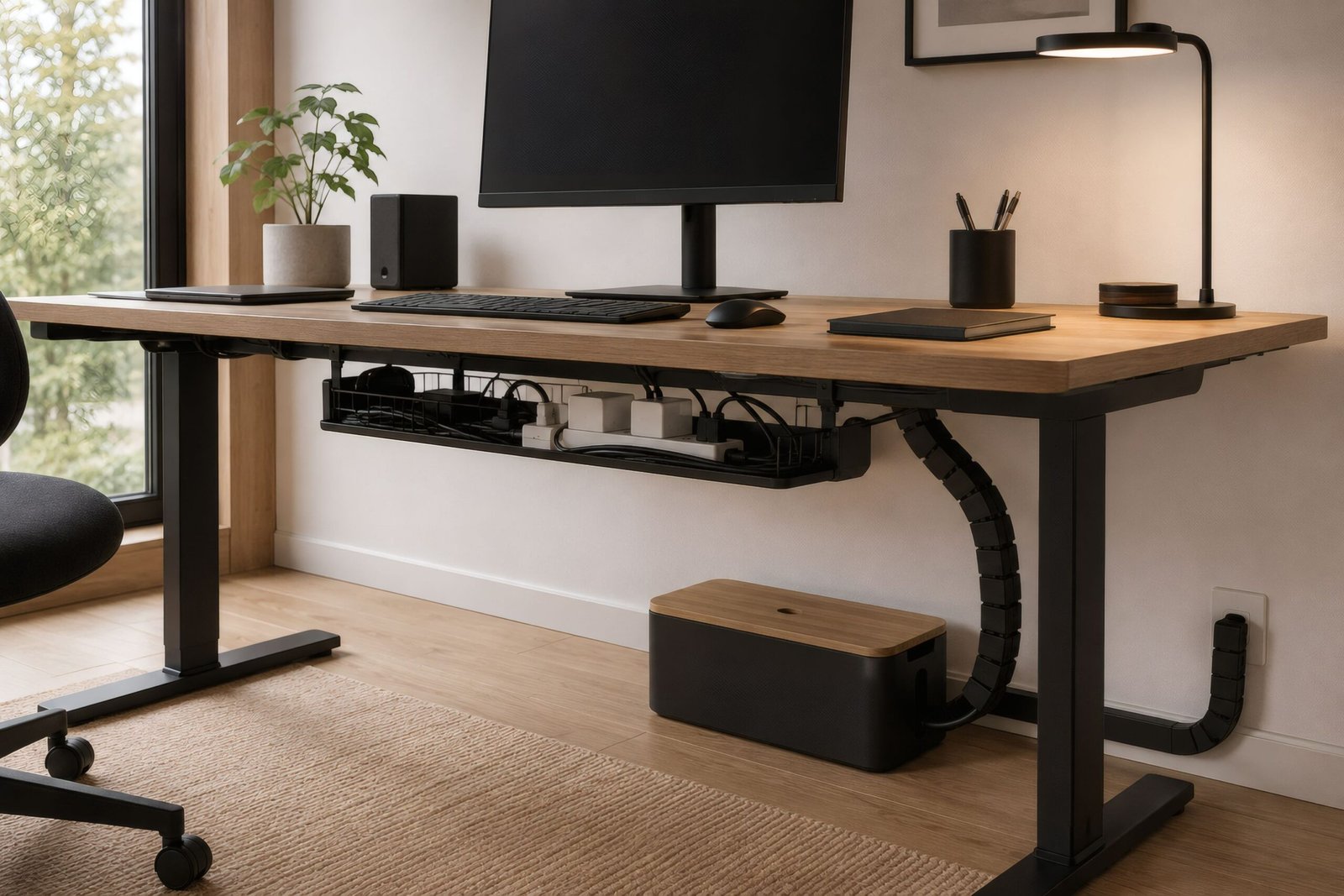 Escritorio de madera con bandeja bajo mesa, canalización de cables y caja organizadora