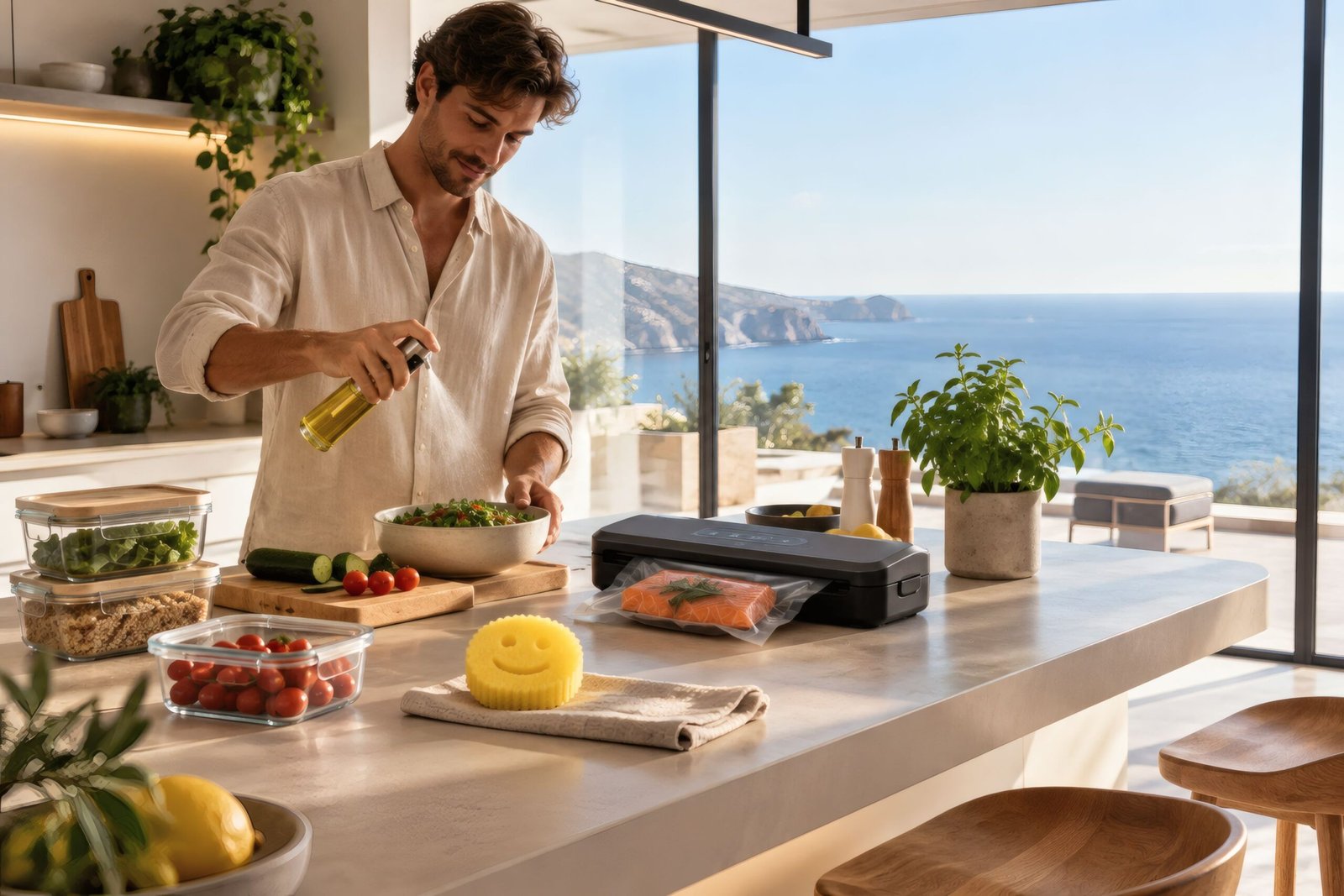 Hombre cocinando en una cocina minimalista y ordenada con productos útiles para el hogar