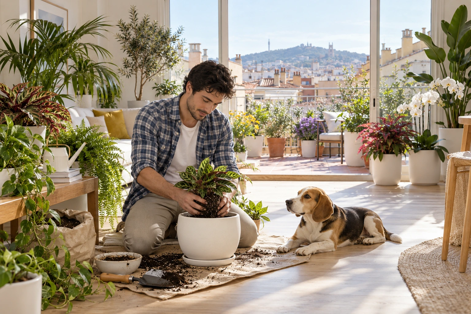 Joven plantando una maceta blanca junto a su perro en un ático inspirado en Barcelona.