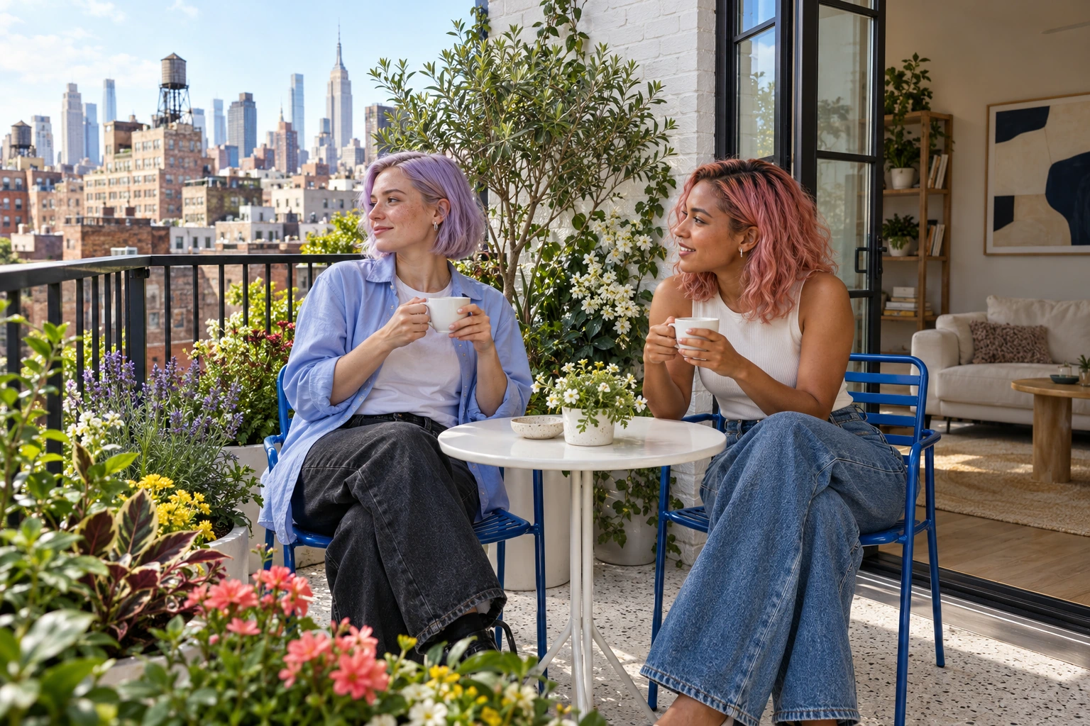 Dos amigas de pelo lila y rosa tomando café entre plantas en un balcón inspirado en Nueva York.