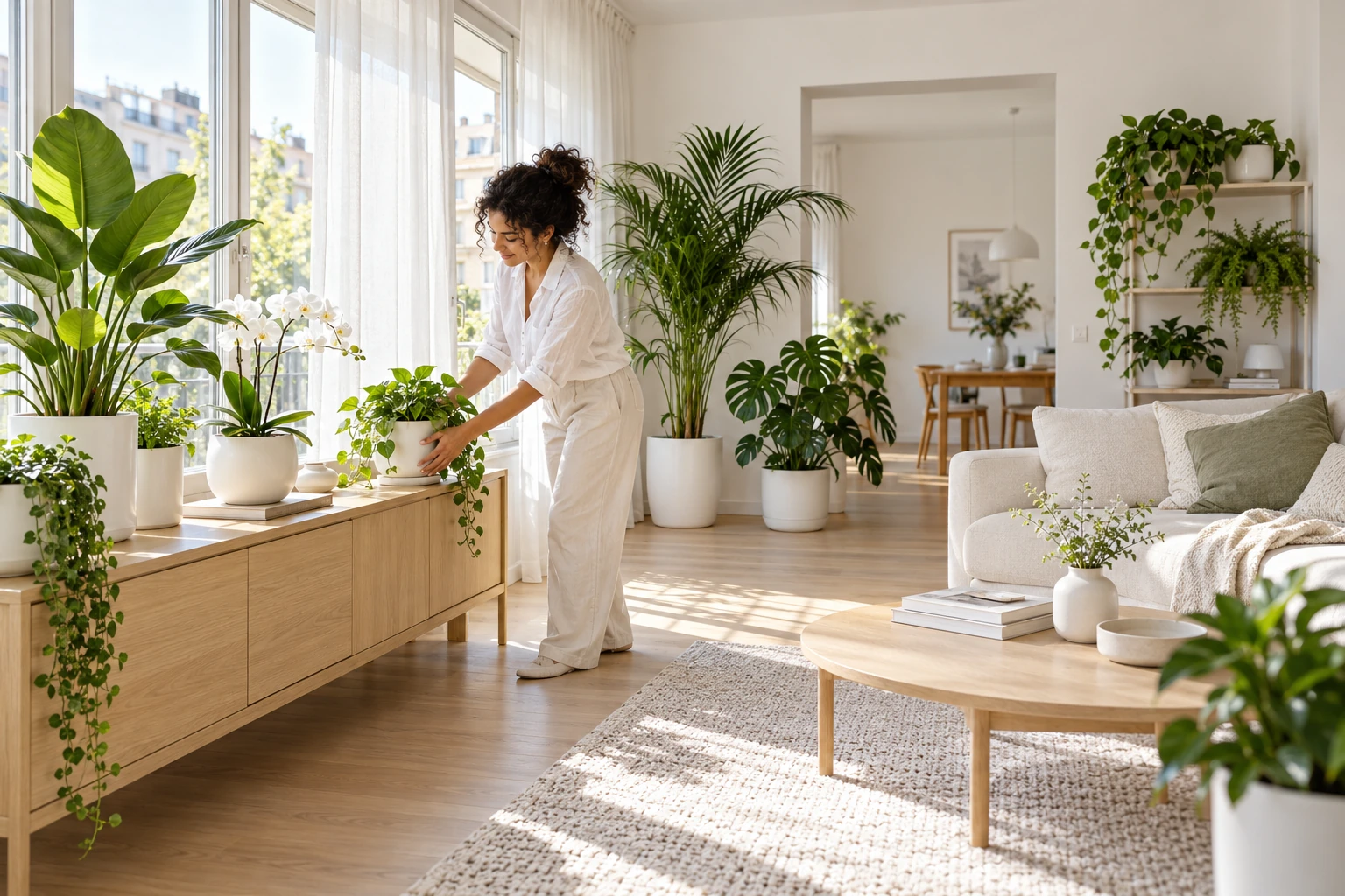 Salón luminoso con plantas en macetas blancas y una mujer colocando una junto a la ventana.