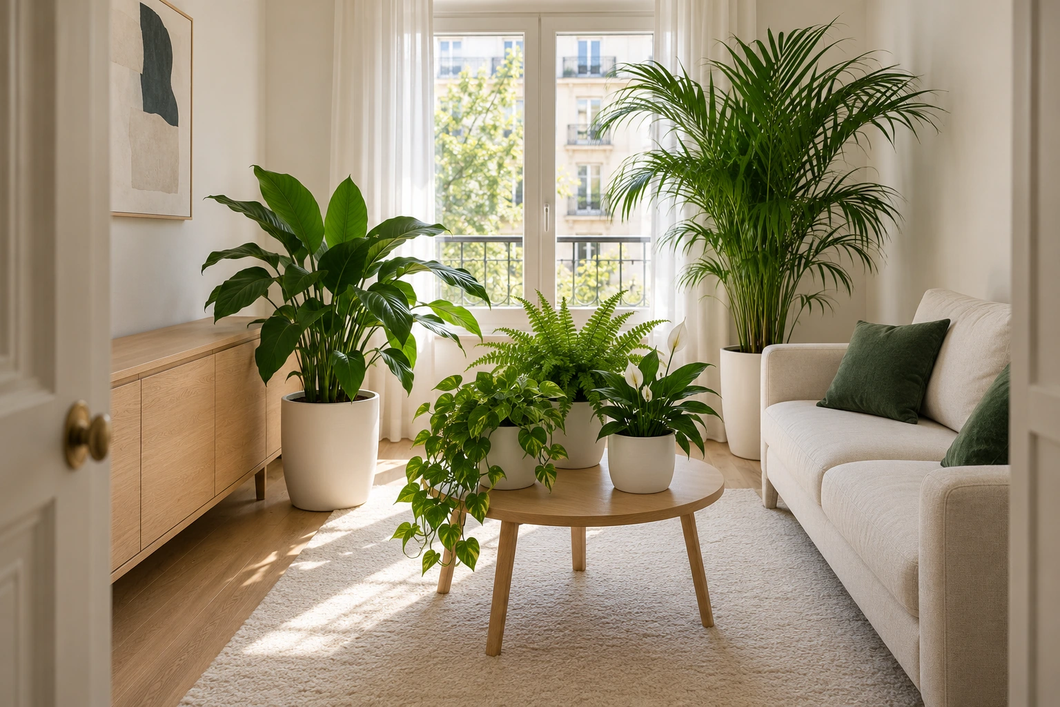 Salón con tres macetas sobre la mesa y una planta que estrecha el paso.