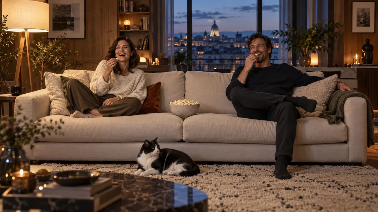Dos amigos disfrutan de una tarde de cine junto a su gato