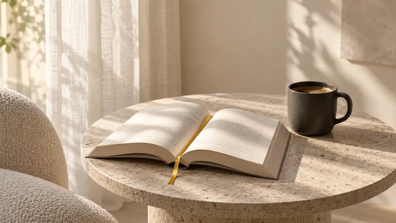 Libro abierto y café junto a una cortina de lino