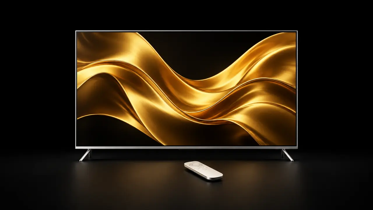 Televisor plateado con ondas doradas sobre fondo negro