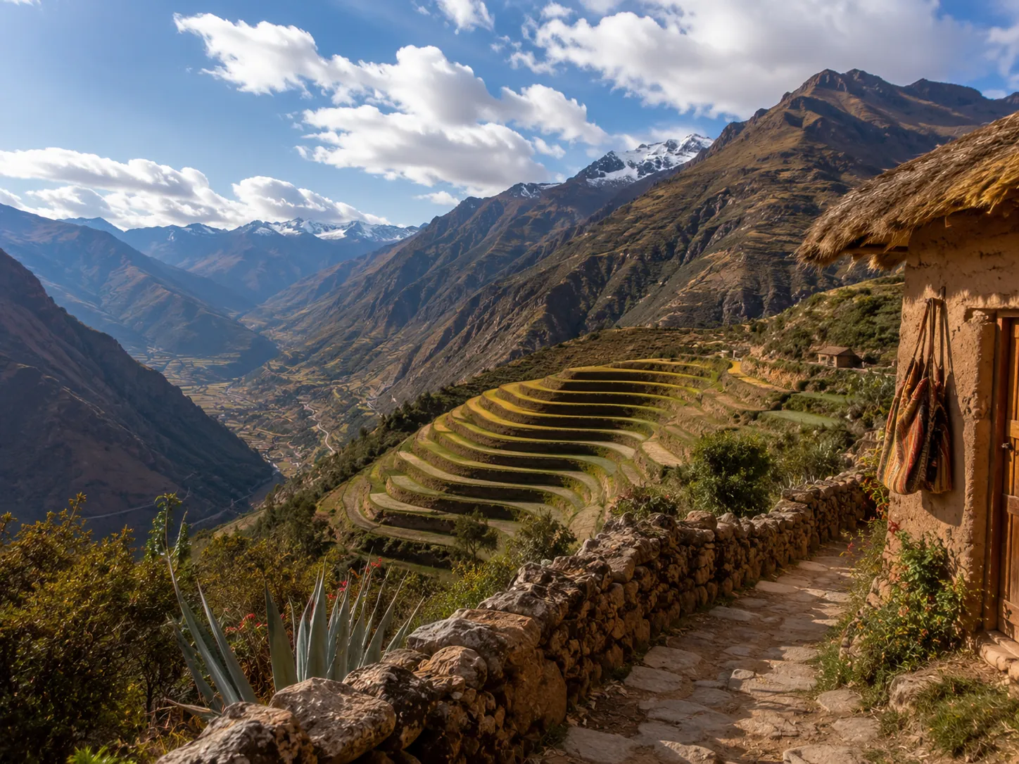 Paisaje andino de Perú con terrazas agrícolas y casa tradicional