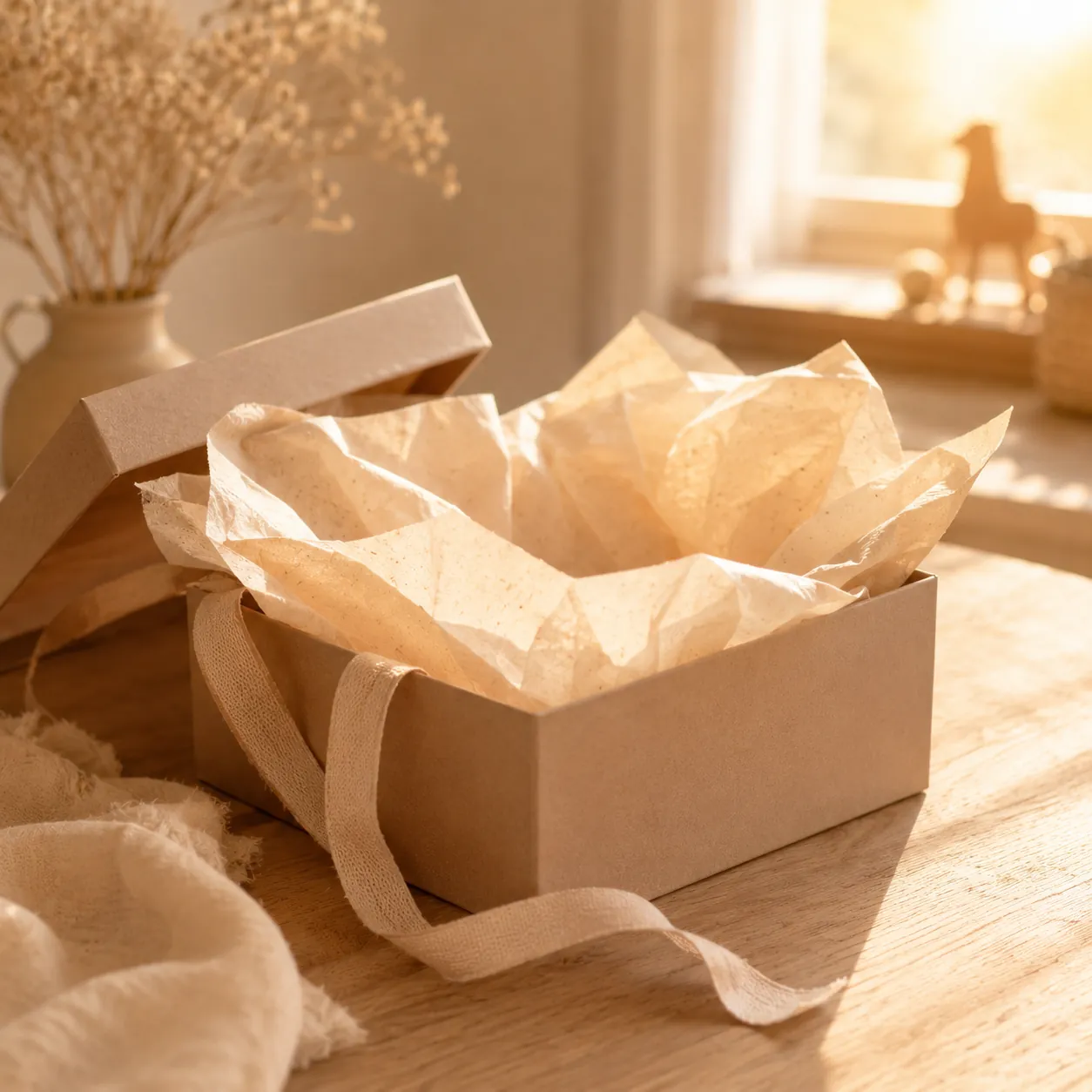 Caja de regalo infantil abierta en ambiente cálido y premium