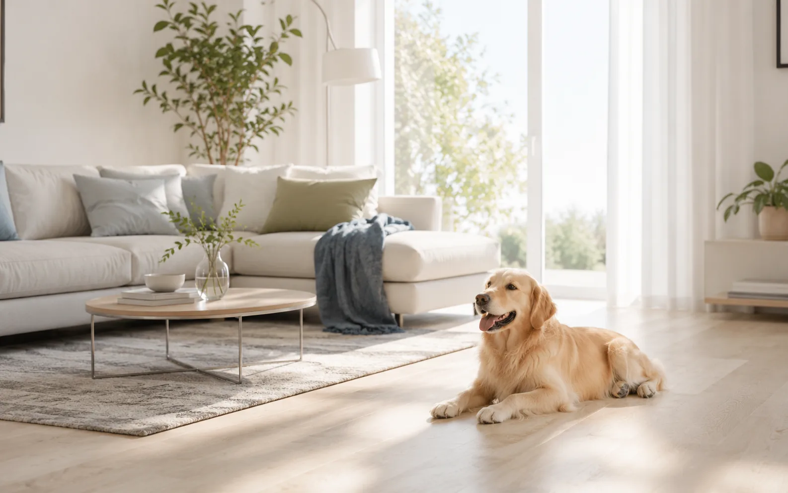 Salón luminoso y limpio con mascota