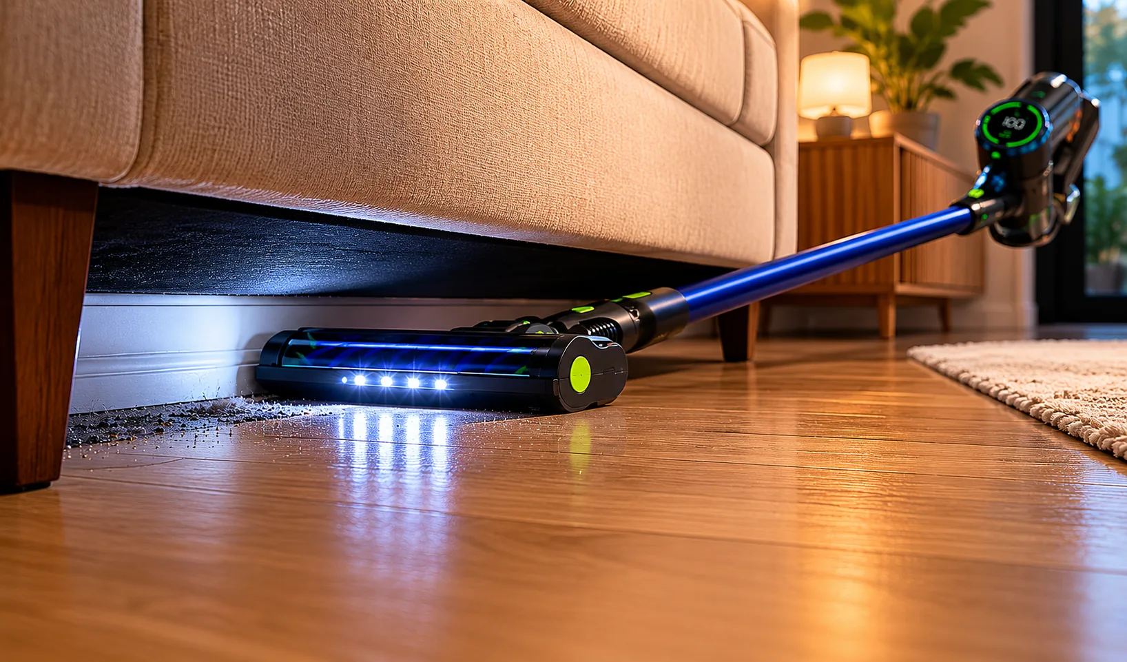 Cabezal con LED de la Bulelink G10 iluminando el polvo bajo el sofá
