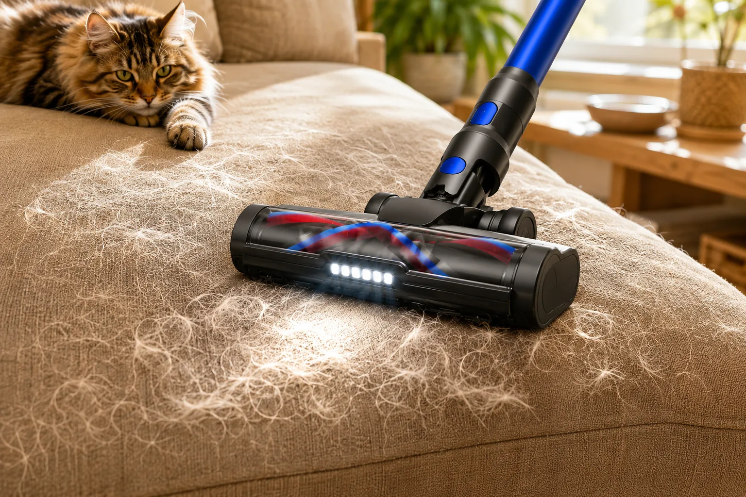 Aspirando pelos de gato en el sofá con el cabezal de la Bulelink G10
